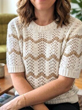 Made in Italy Crochet Knit Sweater Top S White Gold Metallic Cottagecore